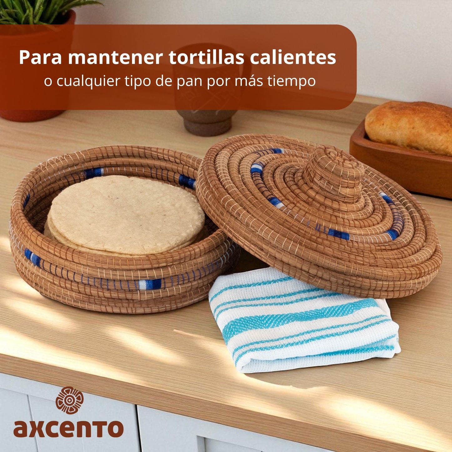 Tortillero de fibra de pino Ocoxal con toalla de cocina - Axcento - Mexican Designs