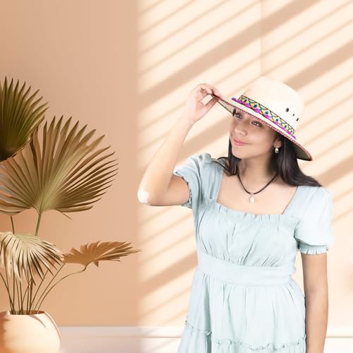 Straw Fedora Hat for Women - Wide Brim Sun Sat M/L Sizes (22”–23 1/8”) UPF Summer Vacation Essentials, Handmade.