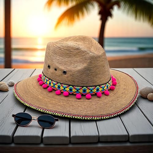Straw Fedora Hat for Women - Wide Brim Sun Sat M/L Sizes (22”–23 1/8”) UPF Summer Vacation Essentials, Handmade.