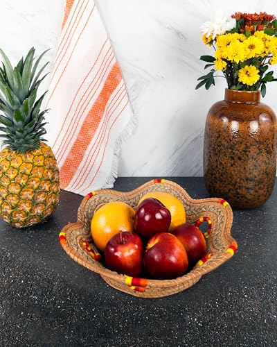 Fruit/Bread Basket, 12-inch Handmade Pine Needle Basket, Includes a Microwave-Safe Kitchen Towel | Made in Mexico (Purple)