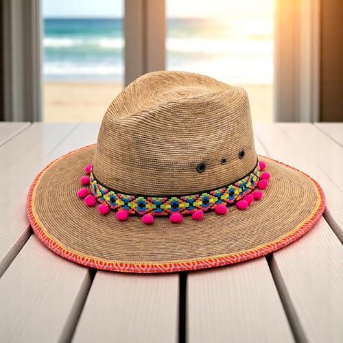 Straw Fedora Hat for Women - Wide Brim Sun Sat M/L Sizes (22”–23 1/8”) UPF Summer Vacation Essentials, Handmade.