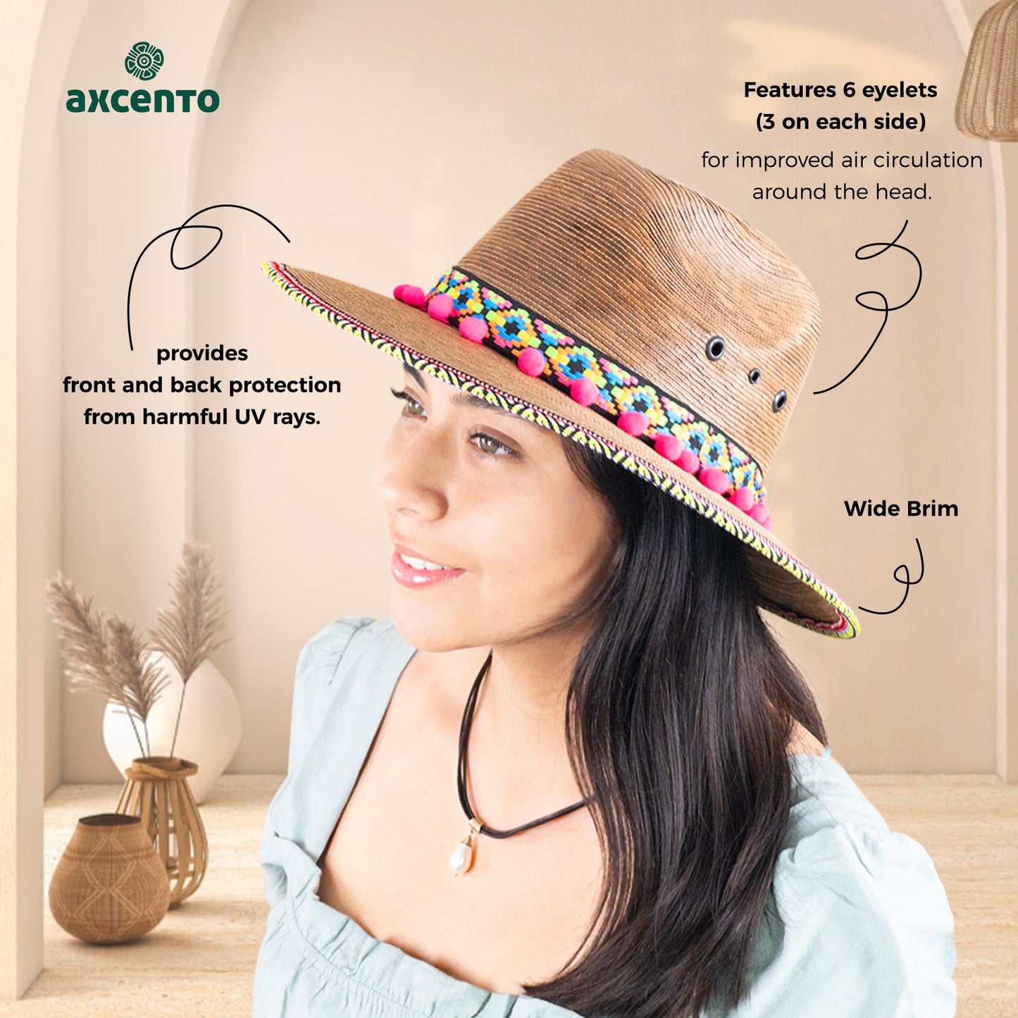 Straw Fedora Hat for Women - Wide Brim Sun Sat M/L Sizes (22”–23 1/8”) UPF Summer Vacation Essentials, Handmade.
