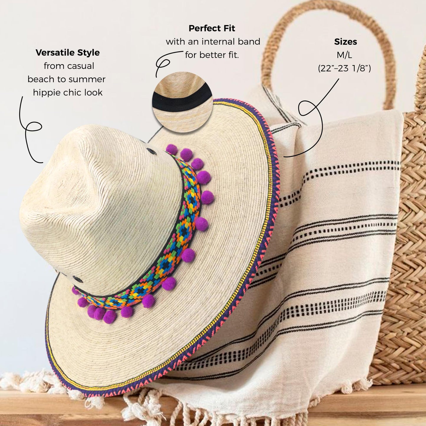 Straw Fedora Hat for Women - Wide Brim Sun Sat M/L Sizes (22”–23 1/8”) UPF Summer Vacation Essentials, Handmade.