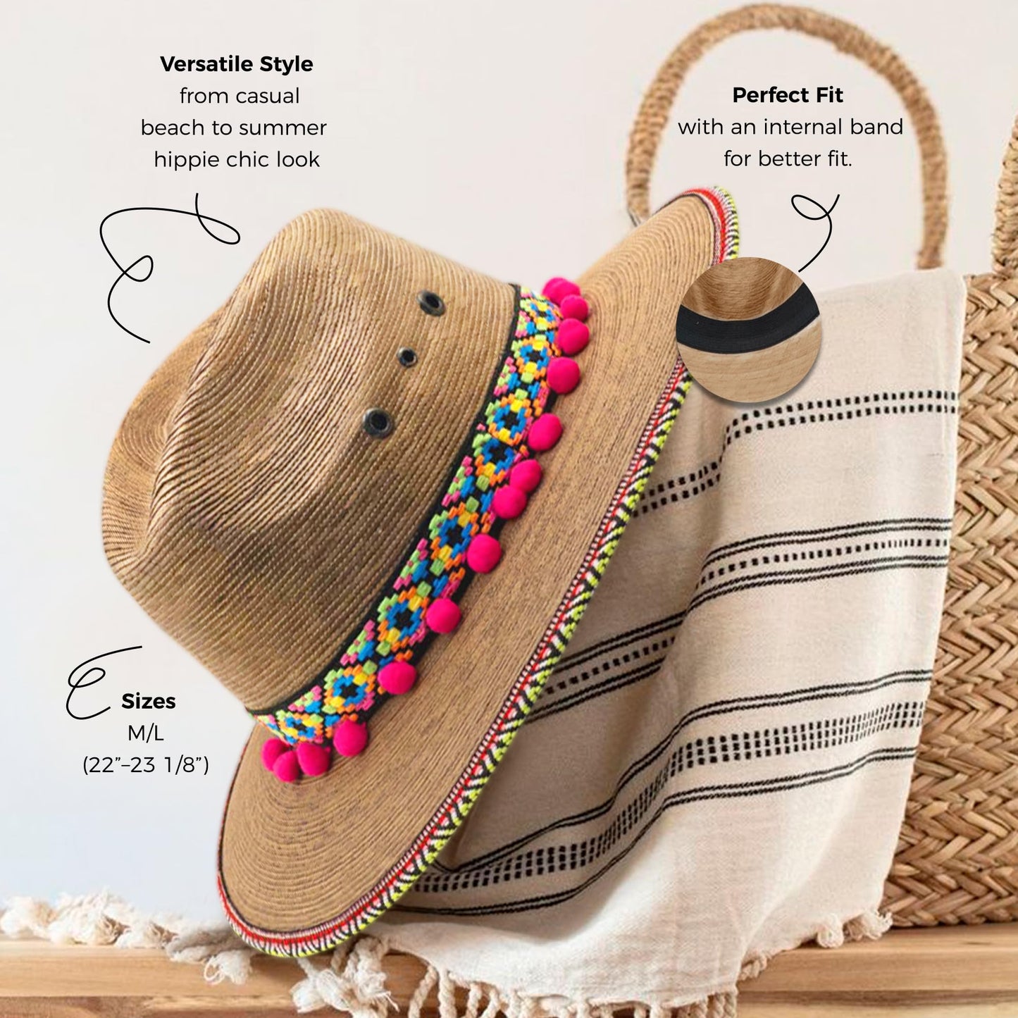Straw Fedora Hat for Women - Wide Brim Sun Sat M/L Sizes (22”–23 1/8”) UPF Summer Vacation Essentials, Handmade.