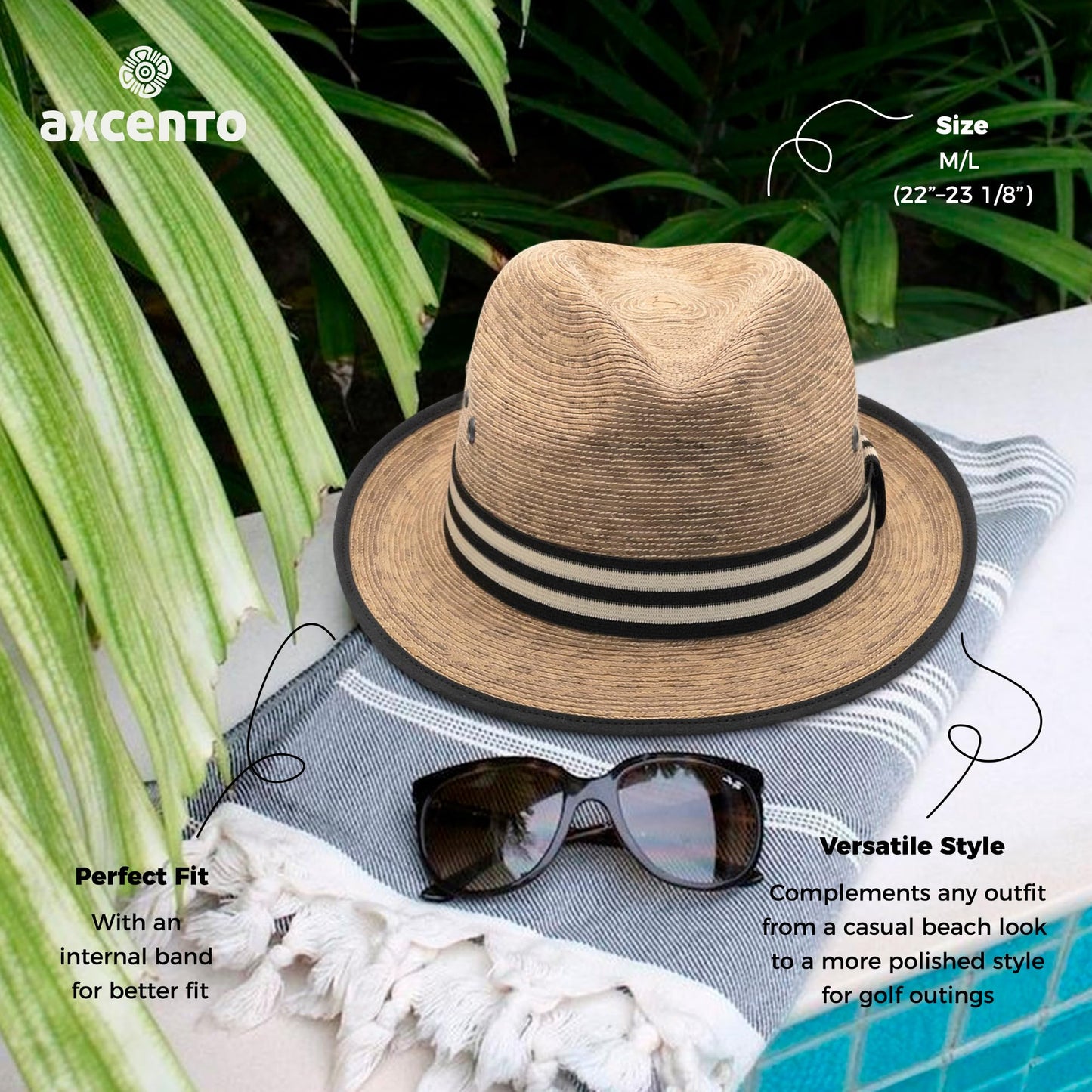 Straw Fedora Hat for Men - Panama Hat Short Brim M/L Sizes (22”–23 1/8”) Sun Hat UPF - Summer Vacation Essentials