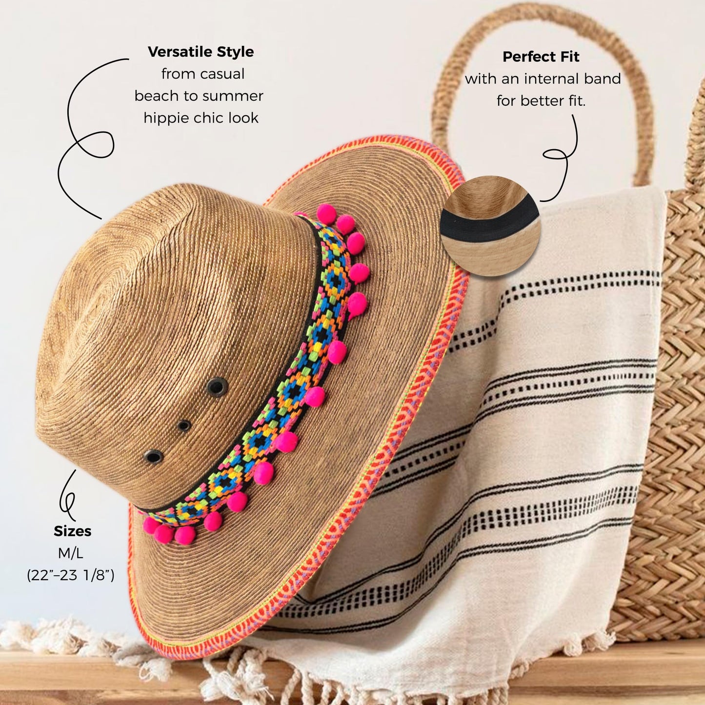 Straw Fedora Hat for Women - Wide Brim Sun Sat M/L Sizes (22”–23 1/8”) UPF Summer Vacation Essentials, Handmade.