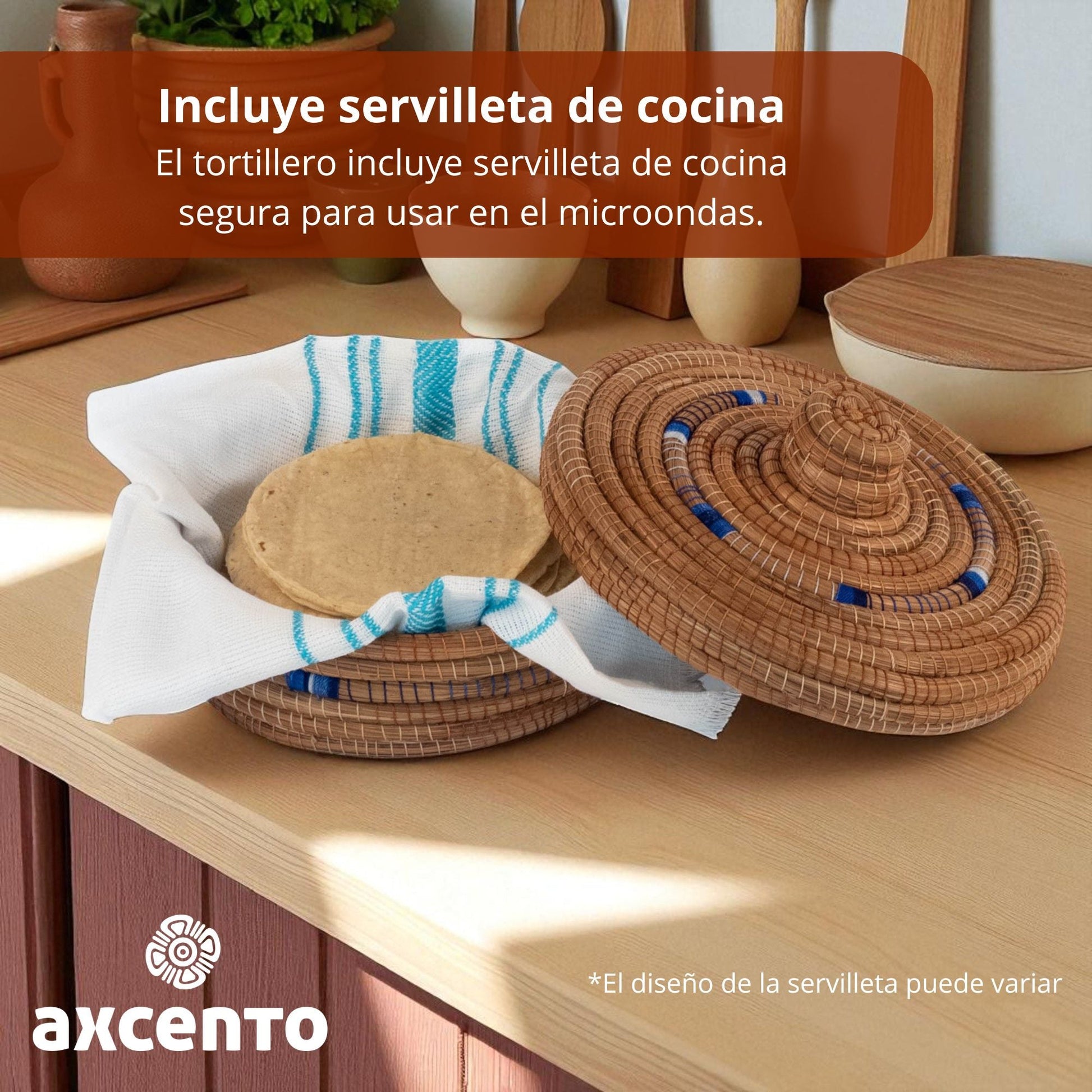 Tortillero de fibra de pino Ocoxal con toalla de cocina - Axcento - Mexican Designs