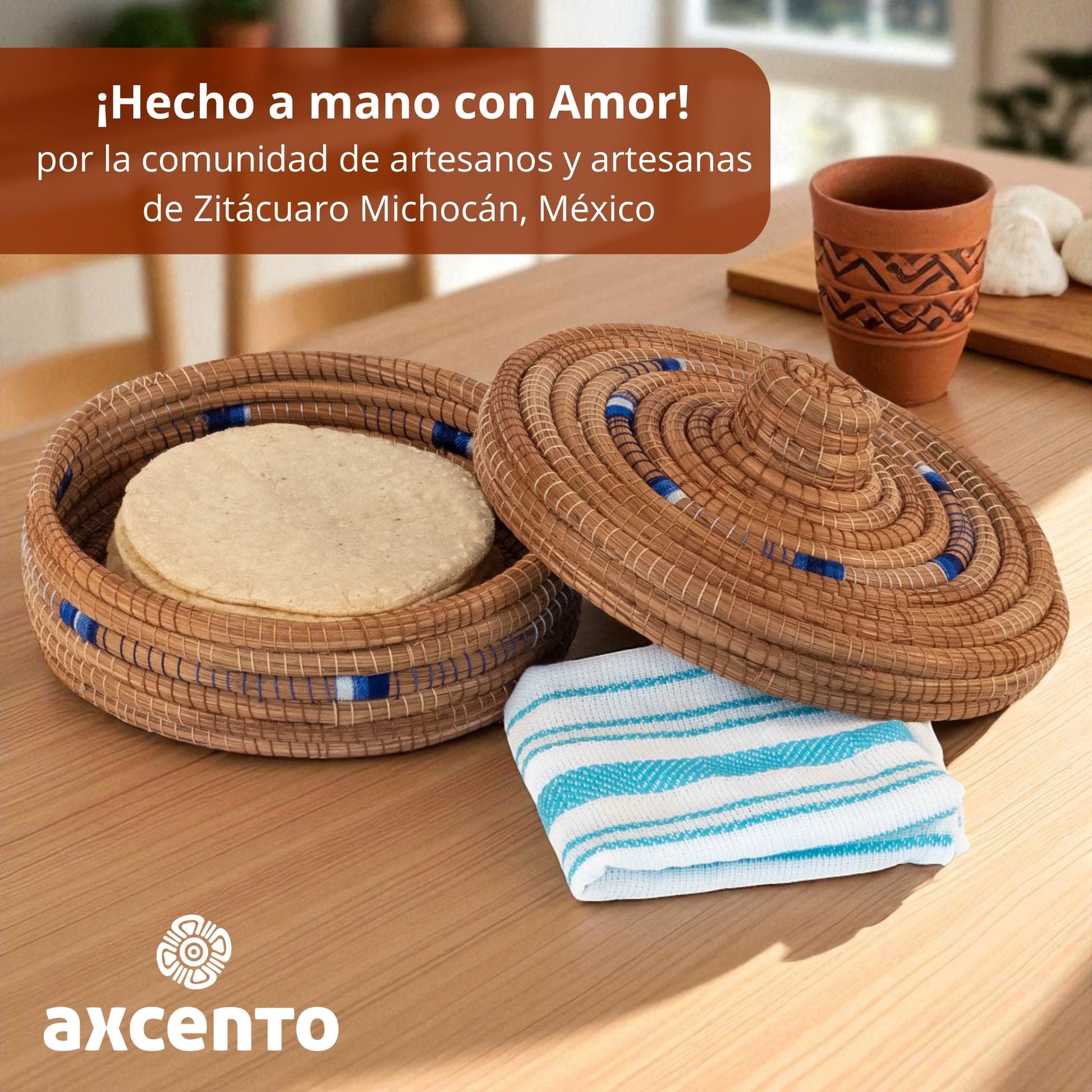 Tortillero de fibra de pino Ocoxal con toalla de cocina - Axcento - Mexican Designs